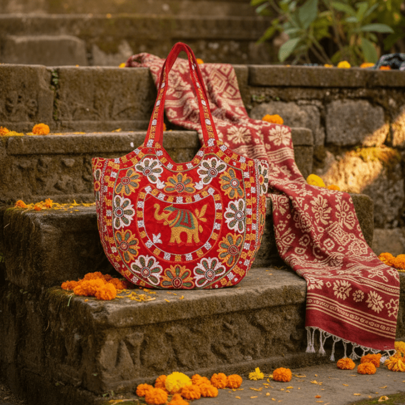 multicolor elephant embroidery tote
