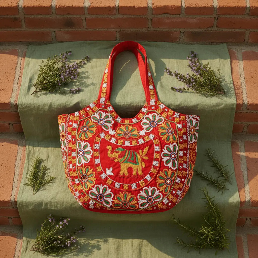 Vibrant embroidered elephant cotton tote bag – red – handmade Indian artisan bag by Velunora