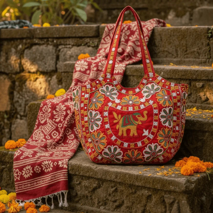 Vibrant embroidered elephant cotton tote bag – red – handmade Indian artisan bag by Velunora