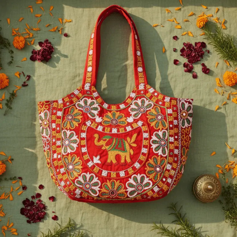 Vibrant embroidered elephant cotton tote bag – red – handmade Indian artisan bag by Velunora