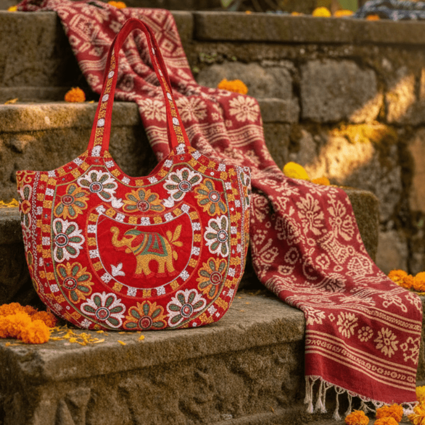 colorful embroidered elephant tote bag