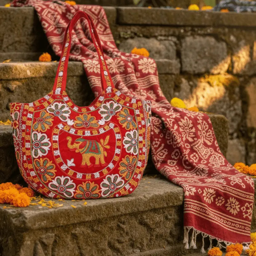Vibrant embroidered elephant cotton tote bag – red – handmade Indian artisan bag by Velunora