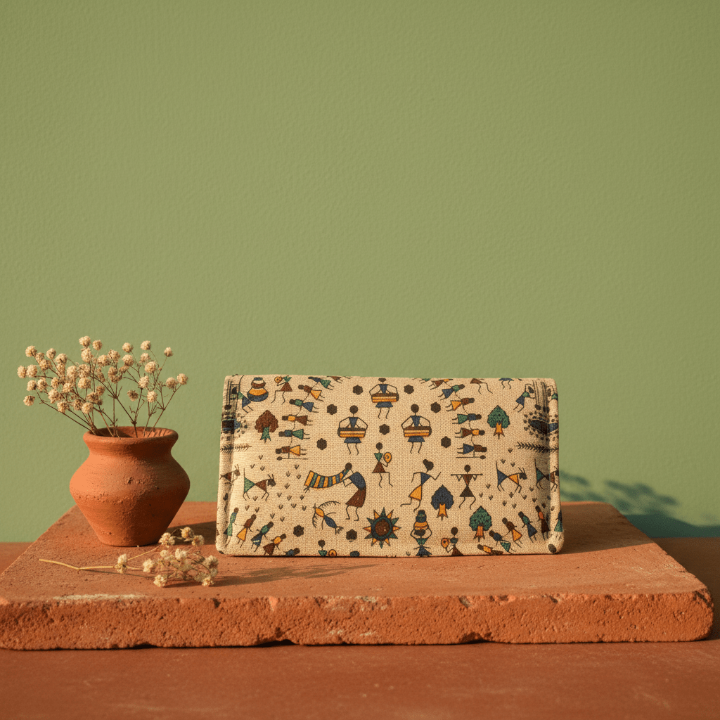 Tarpa dance Warli hand painted cotton long wallet – Indian folk art wallet by Velunora