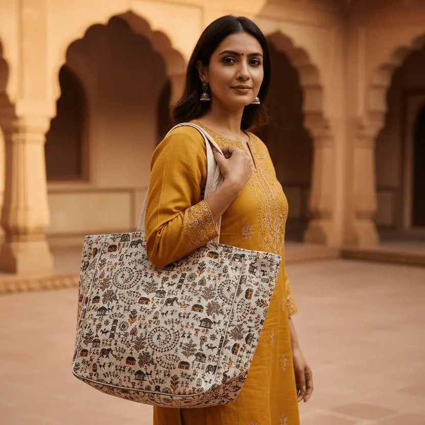 Tarpa Dance Utssav Warli cotton tote bag – maroon – handmade Indian tote by Velunora