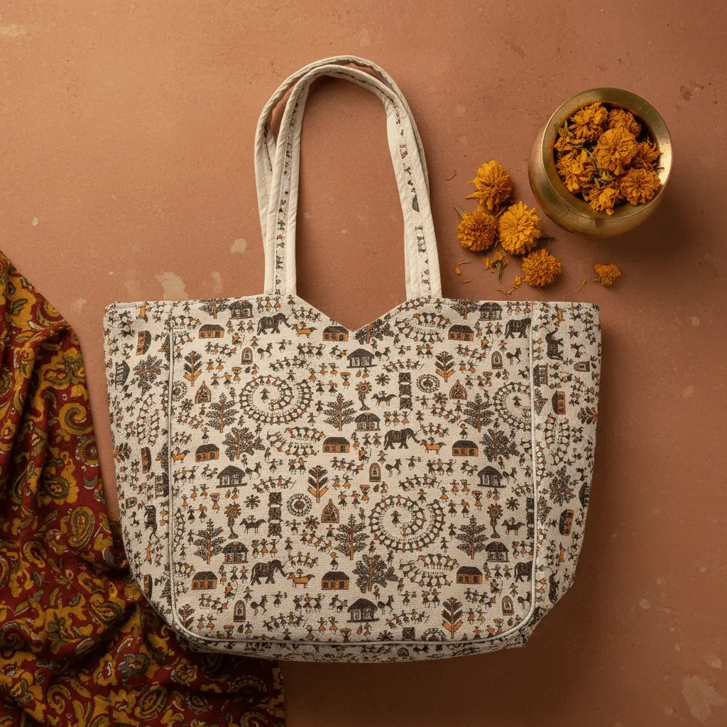 Tarpa Dance Utssav Warli cotton tote bag – maroon – handmade Indian tote by Velunora