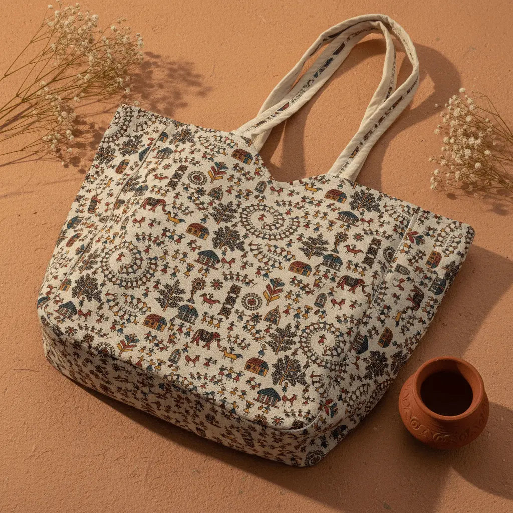 Tarpa Dance Utssav Warli cotton tote bag – red – handmade Indian tote by Velunora