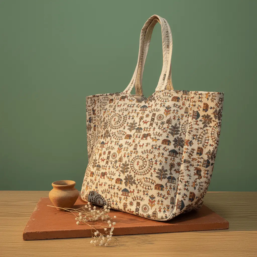 Tarpa Dance Utssav Warli cotton tote bag – red – handmade Indian tote by Velunora