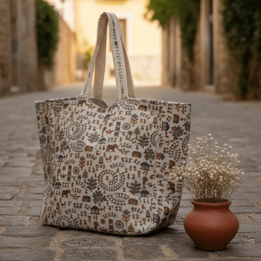 Tarpa Dance Utssav Warli cotton tote bag three-quarter angle terracotta setting – handmade Indian tote by Velunora
