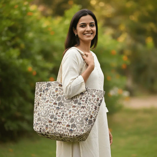 Tarpa Dance Utssav Warli cotton tote bag – red – handmade Indian tote by Velunora