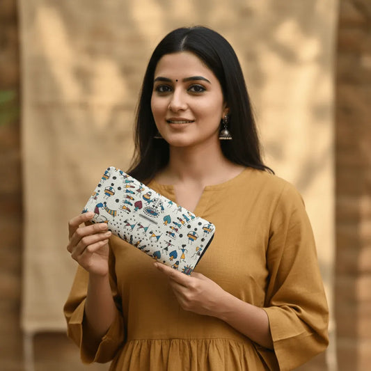 Tarpa Dance Warli folk art cotton wallet – blue – handmade in India by Velunora
