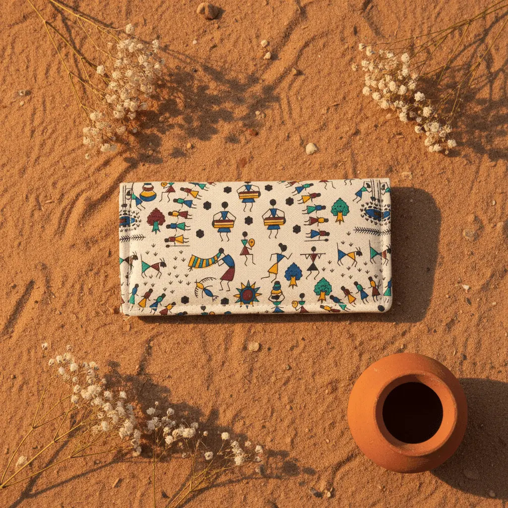 Tarpa Dance Warli folk art cotton wallet – blue – handmade in India by Velunora