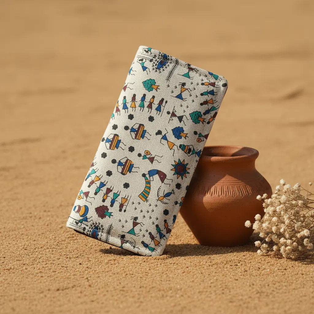 Tarpa Dance Warli folk art cotton wallet – blue – handmade in India by Velunora
