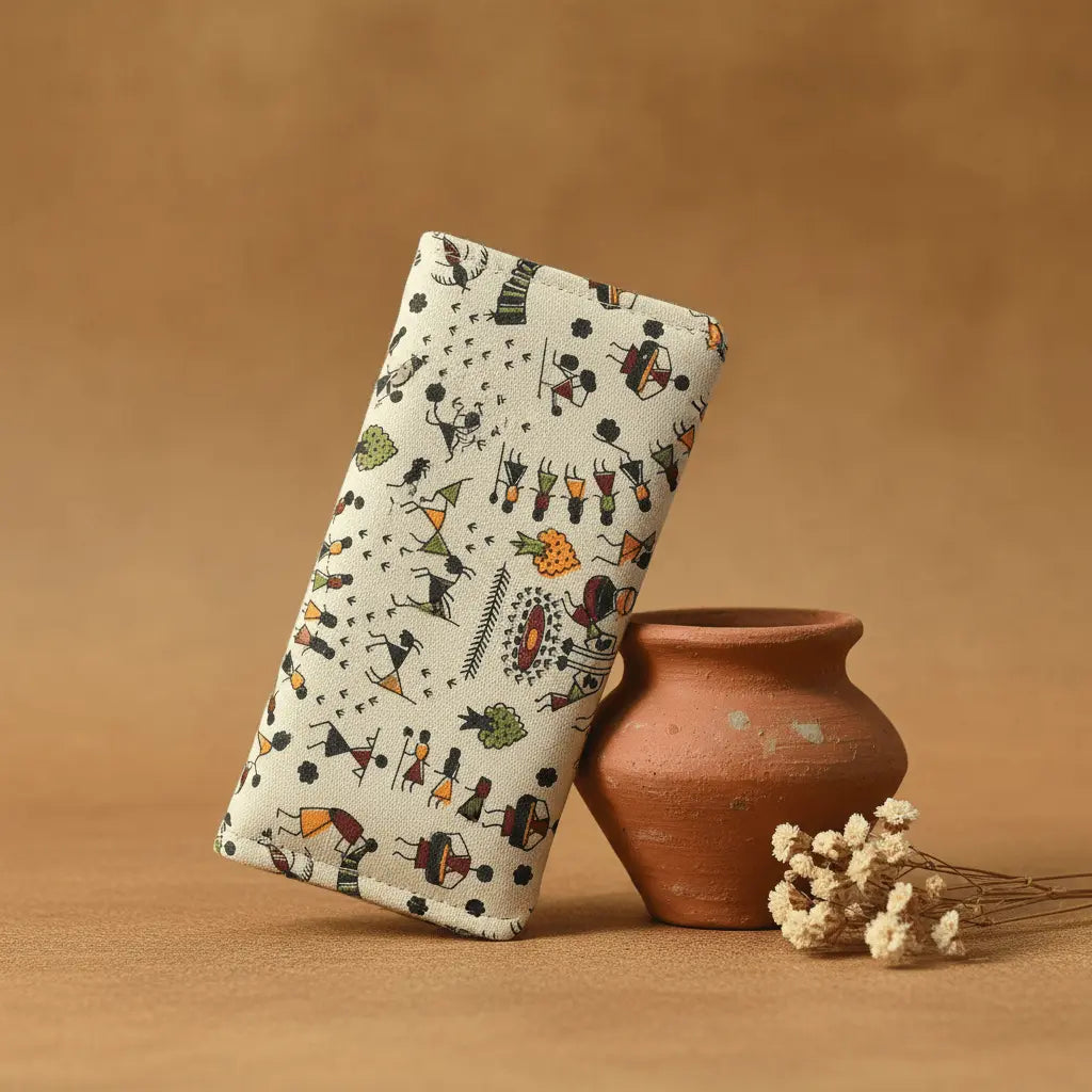 Tarpa Dance Warli folk art cotton wallet – green – handmade in India by Velunora