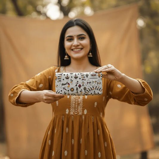 Tarpa Dance Warli folk art cotton wallet – green – handmade in India by Velunora
