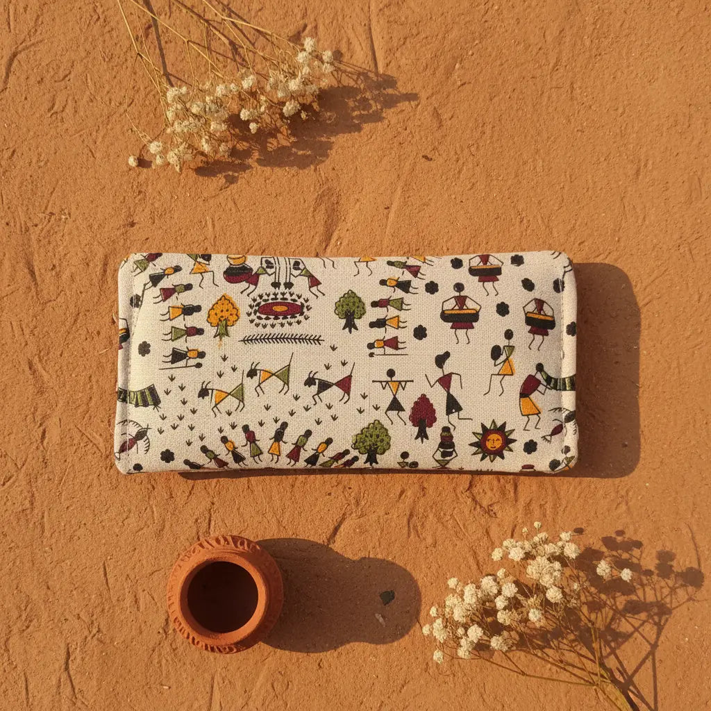 Tarpa Dance Warli folk art cotton wallet – green – handmade in India by Velunora