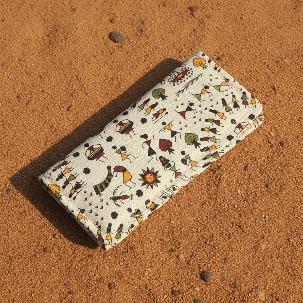 Tarpa Dance Warli folk art cotton wallet – green – handmade in India by Velunora