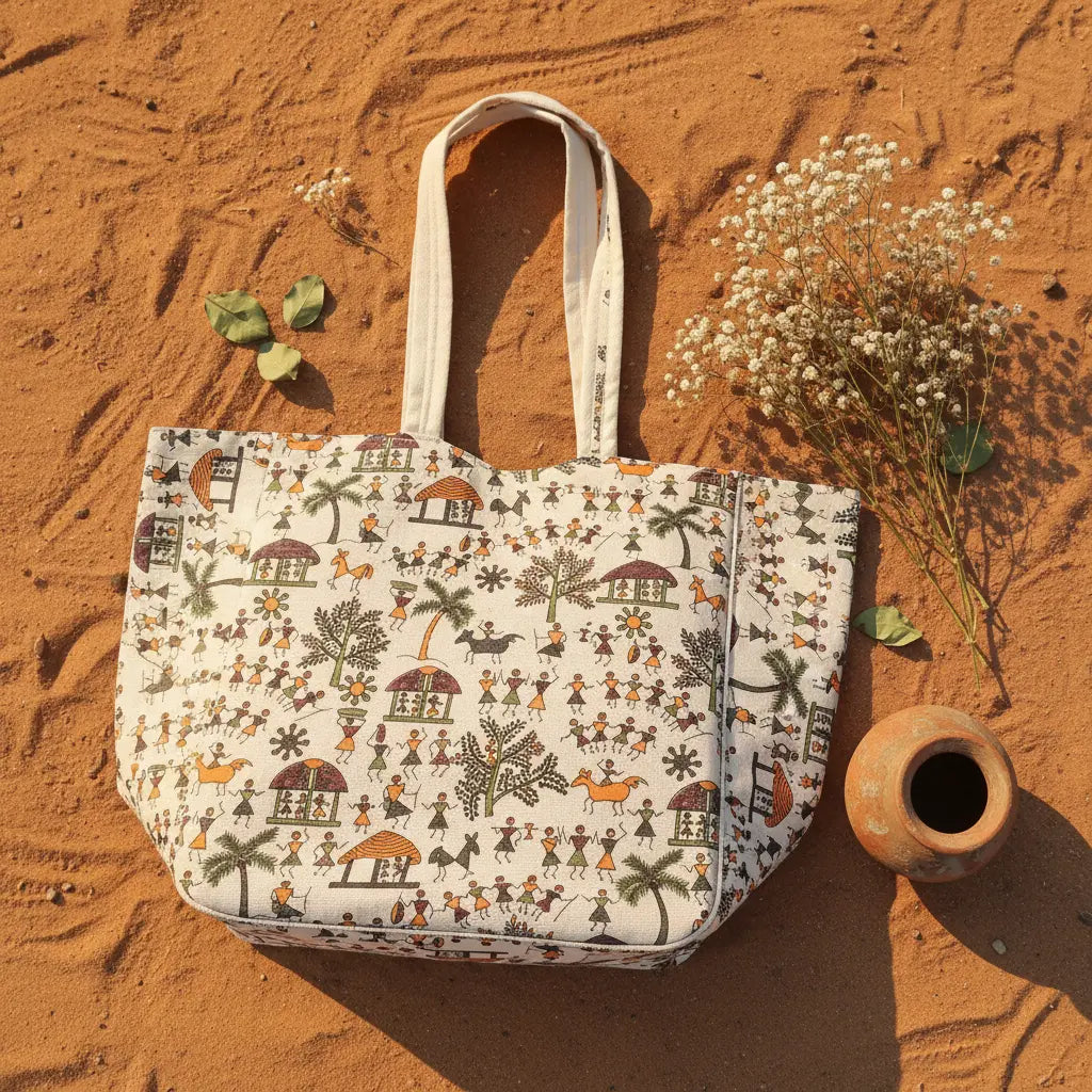 Tribal Celebration Warli cotton tote bag overhead flatlay with flowers – handmade Indian tote by Velunora