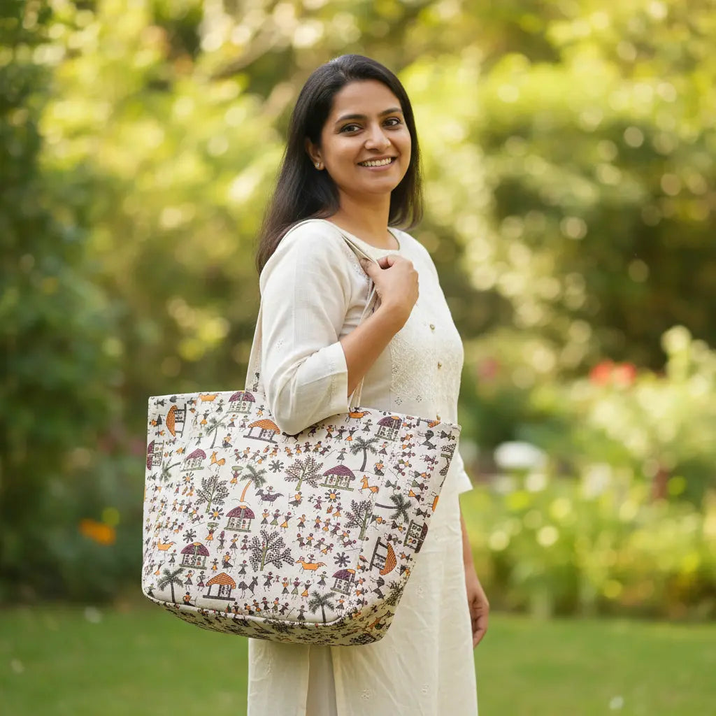 Tribal Celebration Warli cotton tote bag carried on shoulder by Indian woman – artisan lifestyle by Velunora