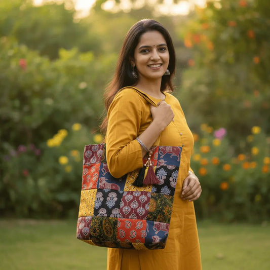 Vibrant patchwork block print cotton tote bag – multicolour – handmade in India by Velunora