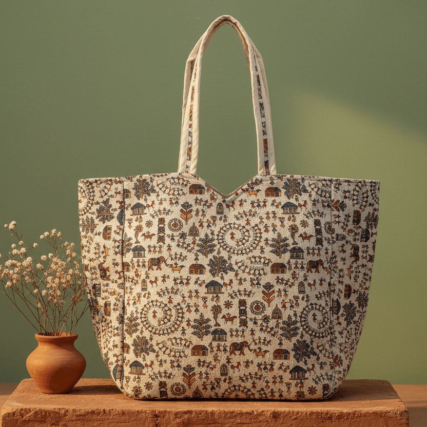 Village Chitrakari Warli Tote - Main_Keyword - Material -  Color - Intent