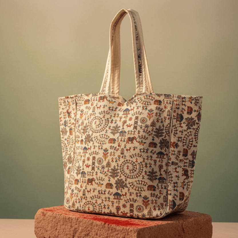 Village Chitrakari Warli Tote - Main_Keyword - Material -  Color - Intent