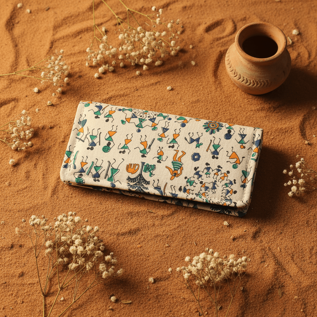 Village Chitrakari Warli folk art cotton wallet – blue – handmade in India by Velunora