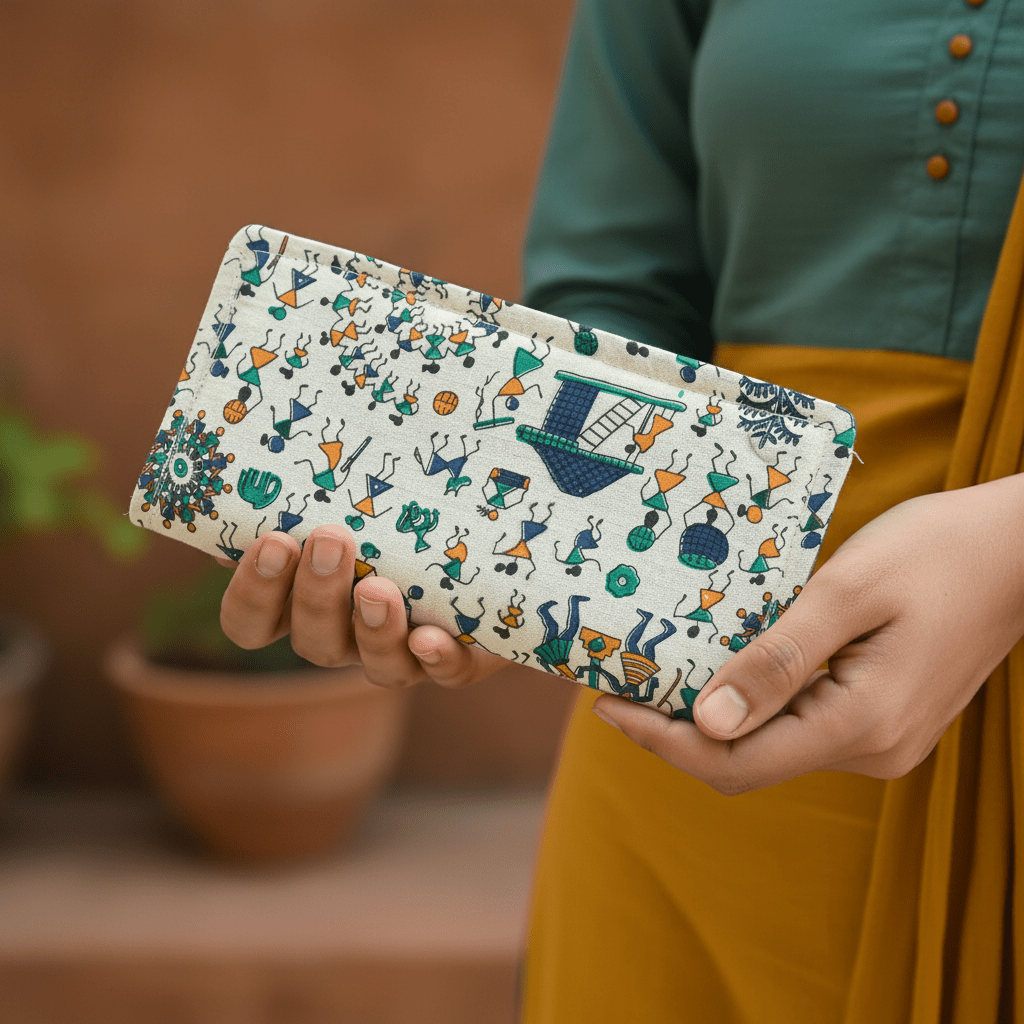 Village Chitrakari Warli folk art cotton wallet – blue – handmade in India by Velunora