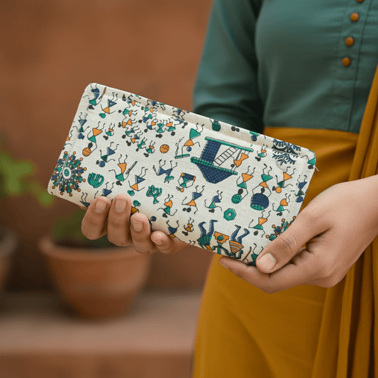 Village Chitrakari Warli Wallet Blue - Main_Keyword - Material -  Color - Intent