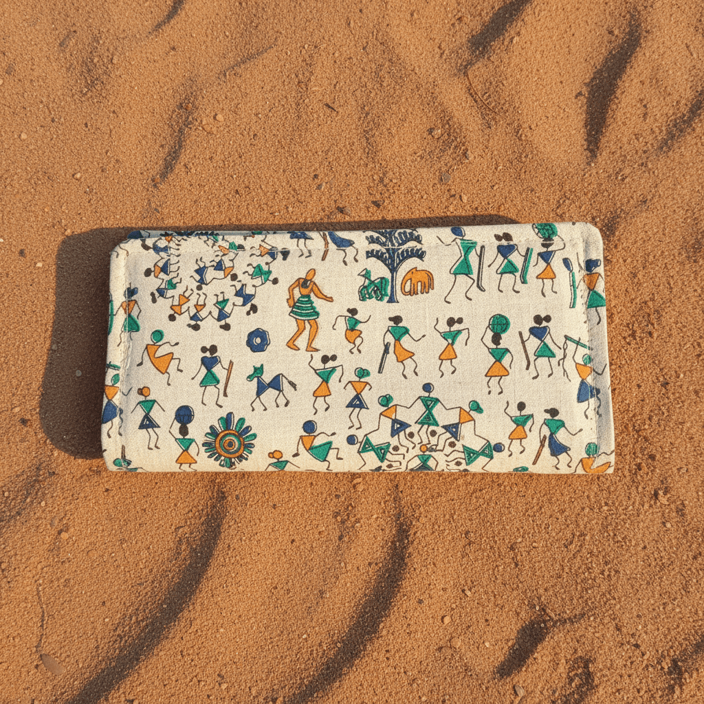 Village Chitrakari Warli folk art cotton wallet – blue – handmade in India by Velunora