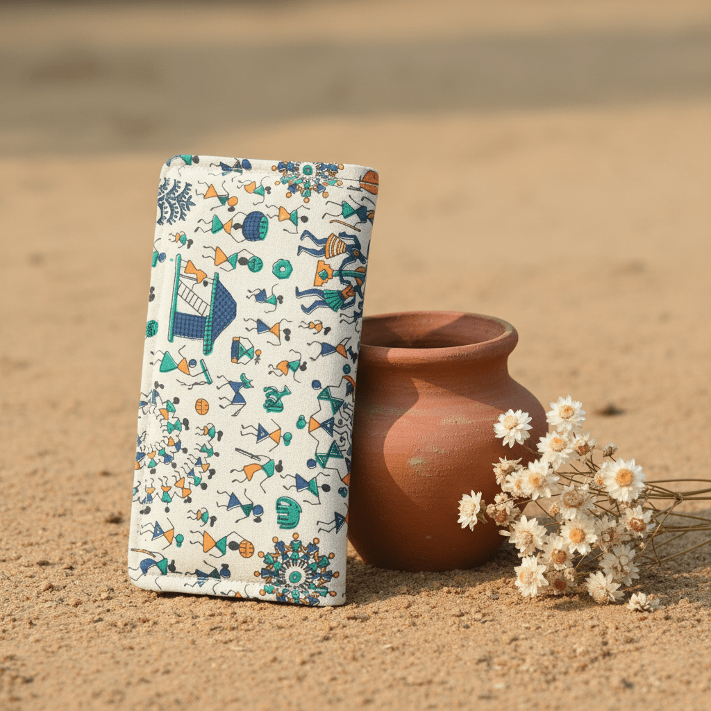 Village Chitrakari Warli folk art cotton wallet – blue – handmade in India by Velunora