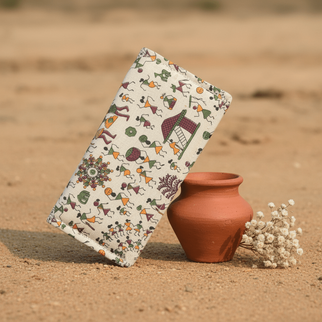 Village Chitrakari Warli folk art cotton wallet – maroon – handmade in India by Velunora