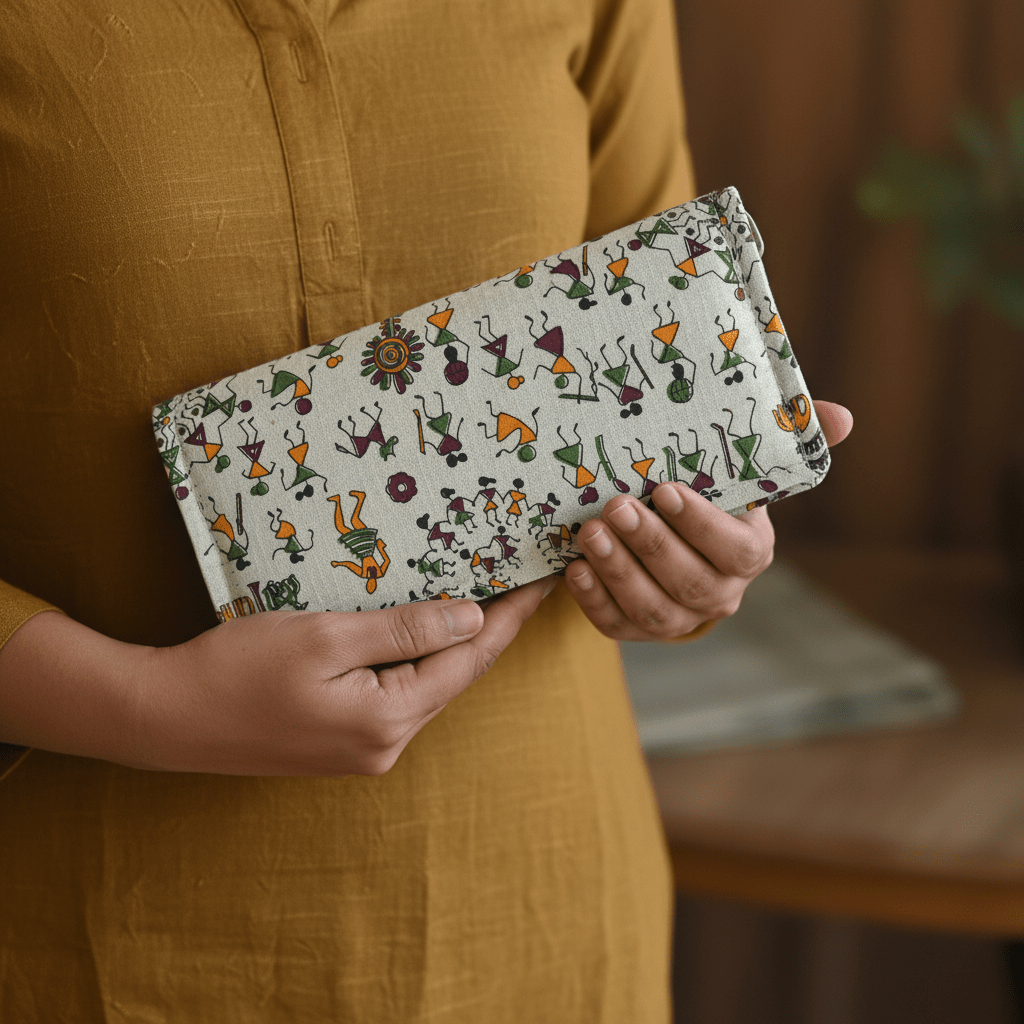 Village Chitrakari Warli folk art cotton wallet – maroon – handmade in India by Velunora