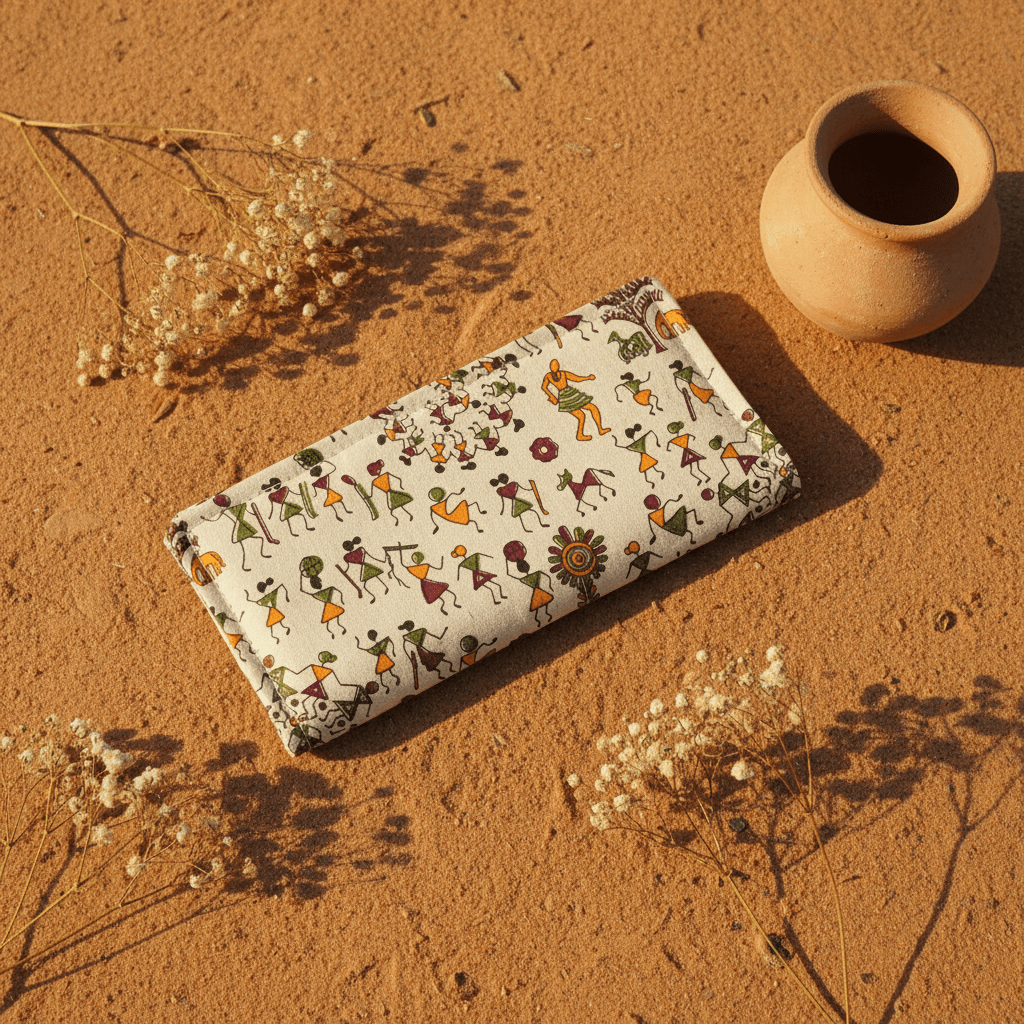 Village Chitrakari Warli folk art cotton wallet – maroon – handmade in India by Velunora