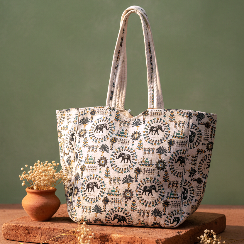 Elephant Folk Art Cotton Tote Bag