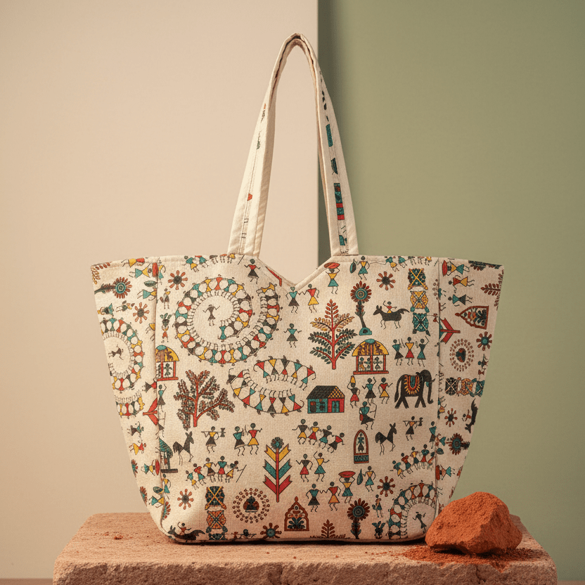 Warli Village Chitrakari Tote - Main_Keyword - Material -  Color - Intent