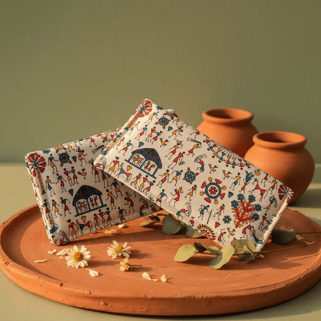Folk art narrative Warli hand painted cotton long wallet – Indian tribal art wallet by Velunora