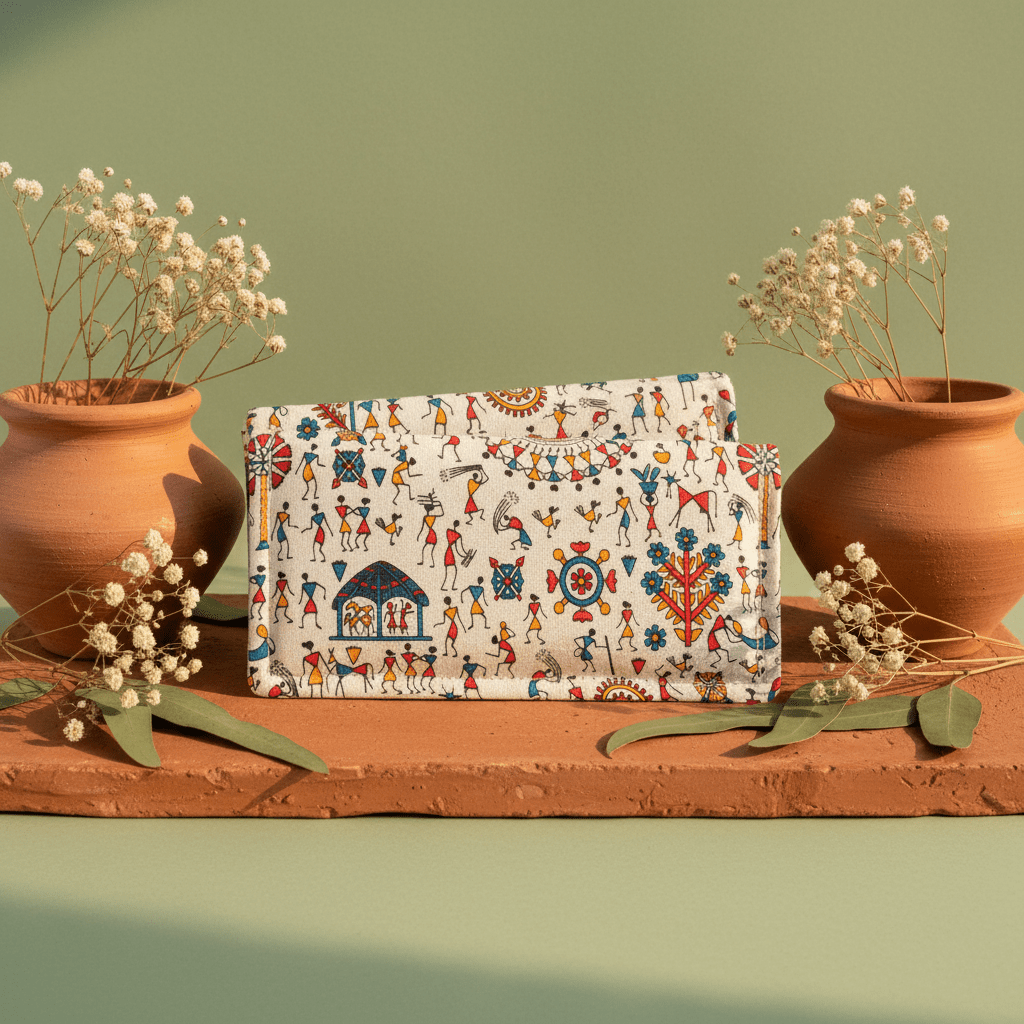 Folk art Warli cotton long wallet – Indian heritage hand painted wallet by Velunora