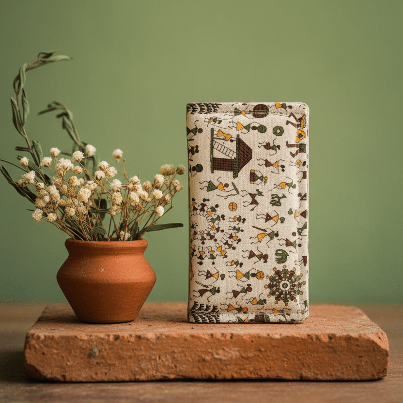 Warli Chitrakari hand painted detail – brown cotton long wallet by Velunora